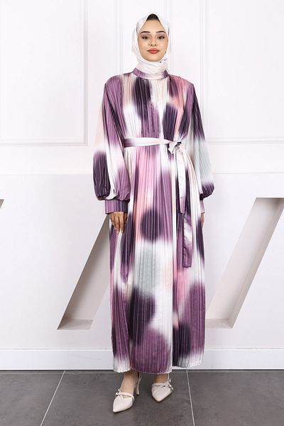 İmajButik Pink Waist Belted Pleated Dress