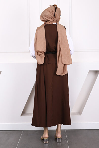 İmajButik Κοστούμι φούστας κρεπ γιλέκο καφέ ζώνη