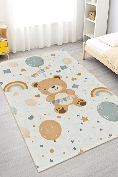 Realhomes Sevimli Ayıcık ve Balonlar Desenli Çocuk Odası Yıkanabilir Kaymaz T...