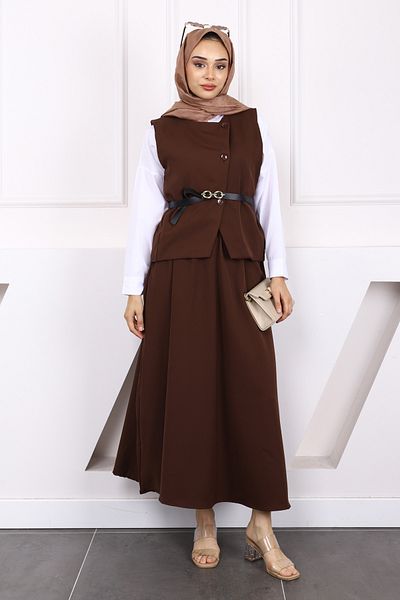İmajButik Brown Belted Crepe Vest Skirt Suit