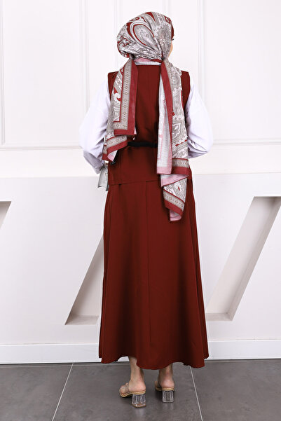 İmajButik Burgundy Belted Crepe Vest Skirt Suit
