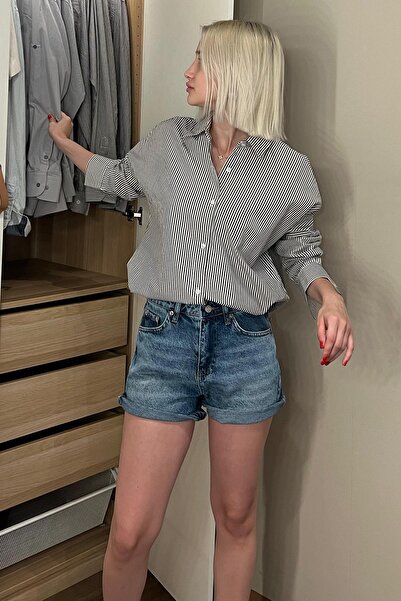 Madmext Siyah Çizgili Over Fit Gömlek Mg1525