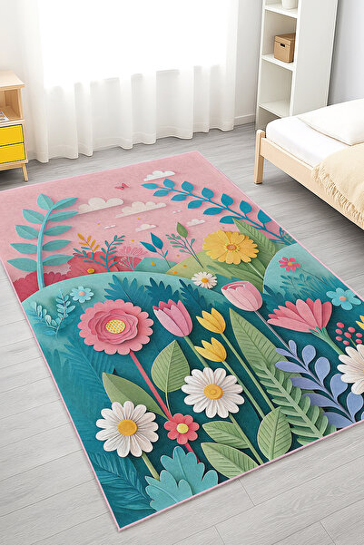 Realhomes Canlı Renkli Çiçek Desenli Çocuk Odası Yıkanabilir Kaymaz Taban Halı