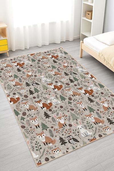 Realhomes Sevimli Tilki ve Tavşan Desenli Yıkanabilir Kaymaz Taban Halı - Çoc...