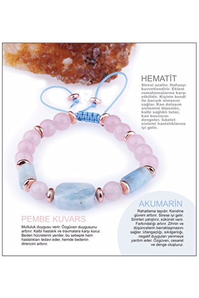 OSMANLI DOĞAL TAŞ Sertifikalı Akuamarin, Doğal Taş Bileklik - Hematit,pembe K...