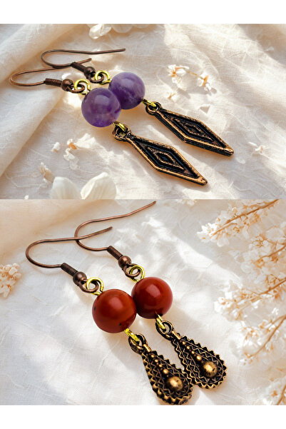 ayrestyle طقم أقراط من حجر الجمشت والجاسبر الطبيعي مكون من قطعتين - مزخرف - 5...