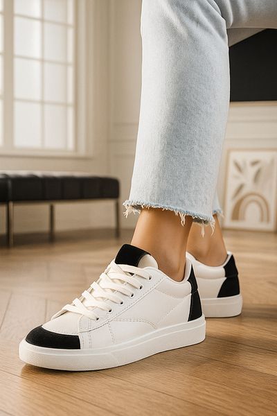 Nstil Pantofi de damă, alb, negru, casual, cu șireturi, talpă zimțată, pantofi sport pentru mers pe jos, cu detalii din piele intoarsa 07