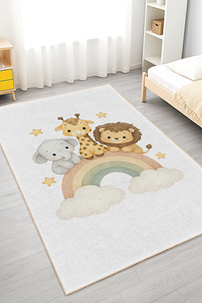 Realhomes Renkli Hayvanlar ve Gökkuşağı Desenli Çocuk Odası Yıkanabilir Kayma...