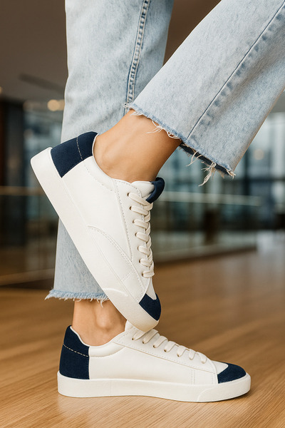 Nstil White Navy Blue Women's Sneakers - Lace-Up and Suede Detailed Walking Sports Shoes 07