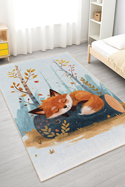 Realhomes Yumuşak Renklerde Uyuyan Tilki Desenli Yıkanabilir Kaymaz Taban Halı