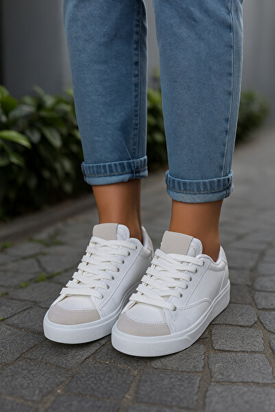 İmerShoes Daily White Navy Blue Women's Sneaker Lace-Up Serrated Sole Suede Detailed Walking Sports Shoes 07