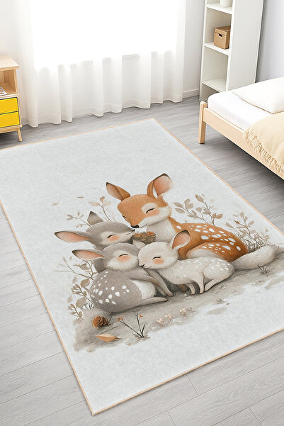 Realhomes Sevimli Tavşanlar Desenli Yıkanabilir Kaymaz Taban Halı