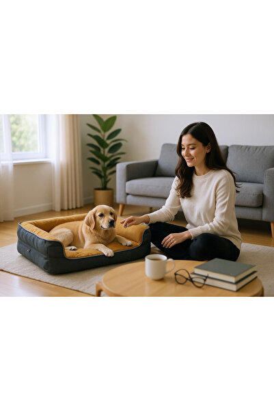 viscopet Premium Sofa Blok Sungerli Alezli Fermuarlı Yıkanabilir Köpek Yatağı-s-hardalsiyah