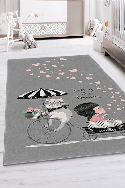Realhomes Kalp Desenli Yıkanabilir Kaymaz Taban Çocuk Odası Halısı