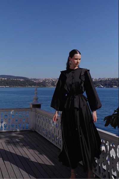 NUR KALAY COLLECTION Satin Dress with Volan