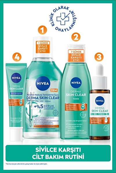 NIVEA Derma Skin Clear Karşıtı Serum 30ml, Makyaj Temizleme Suyu 400ml, Tonik 200ml ve Gece Kremi