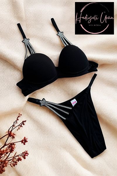 Velmira Fashıon Women's Black Stone Supported Bra Panty Set Underwear