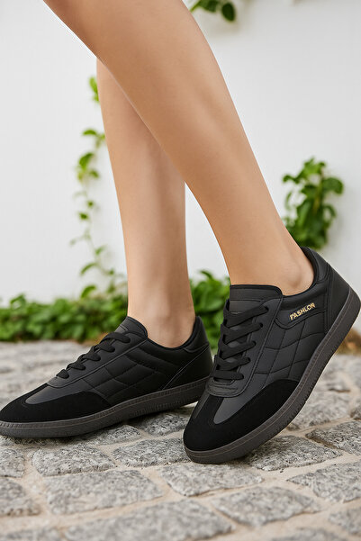 Nstil Daily Unisex Black Sneaker Lace-Up Stitching Detail Oval Toe Serrated Sole Hafir Sports Shoes 353