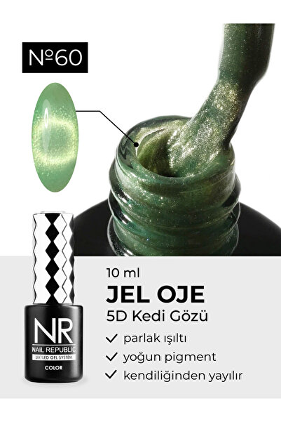 Nail Republic Kalıcı Oje Yeşil Kedi Gözü Efekti 5D 60, 10 ml – Mıknatıslı Jel Oje