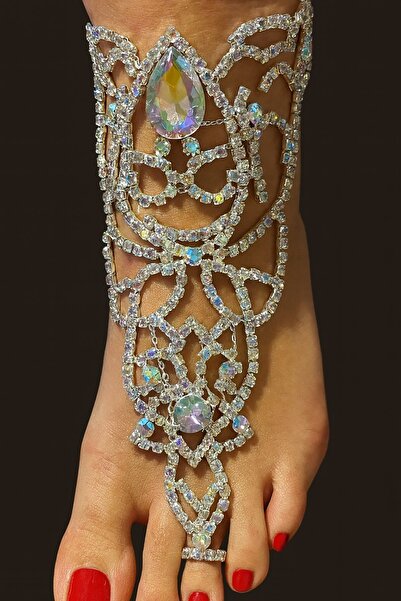 TAKIŞTIR خلخال بتصميم مفصل من حجر الهولوغرام باللون الفضي