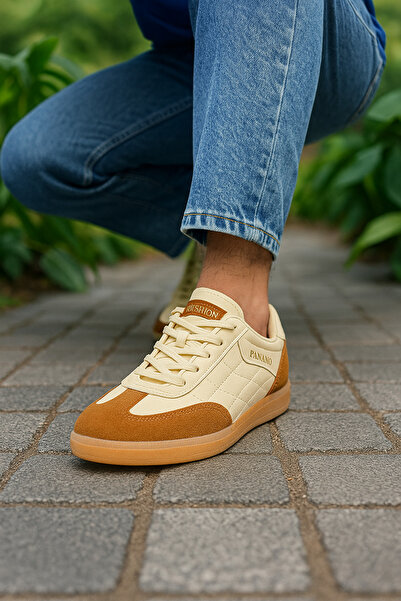 Nstil Daily Unisex Beige Tan Sneaker Lace-Up Stitching Detail Oval Toe Serrated Sole Sports Shoes 353