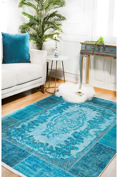 halinet Mavi Patchwork Dijital Baskı Modern Salon Koridor Mutfak Yıkanabilir ...