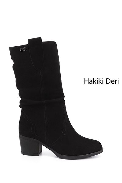 GÖNDERİ(R) Women's / Girls' Black Suede Thick Heeled Genuine Leather Boots