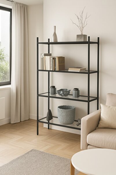 DEKOPRATİK - Marta Siyah Kitaplık Dekoratif Aksesuar Rafı Mutfak Rafı Şeffaf Cam