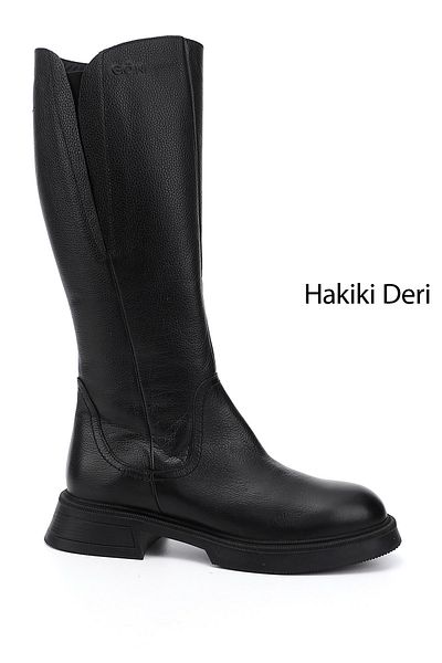 GÖNDERİ(R) Women/Girls Black Floater Zippered Thick Heeled Genuine Leather Boots