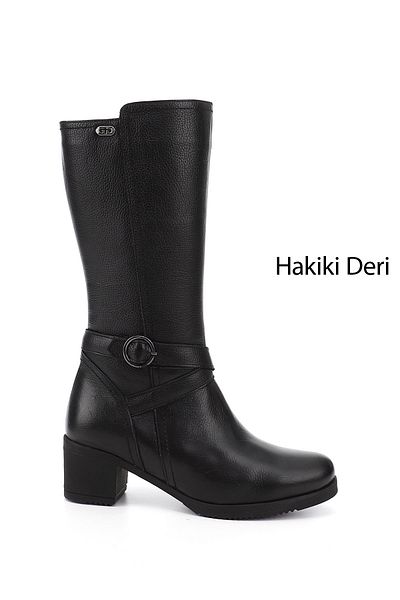 GÖNDERİ(R) Women/Girls Black Floater Zippered Thick Heeled Genuine Leather Boots
