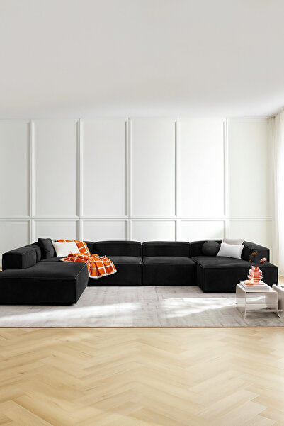 S Home Design Concept Frida 5 Modül Pofidik Modüler Kanepe XL Köşe Koltuk Takımı, Sol Köşe Babyface, Siyah
