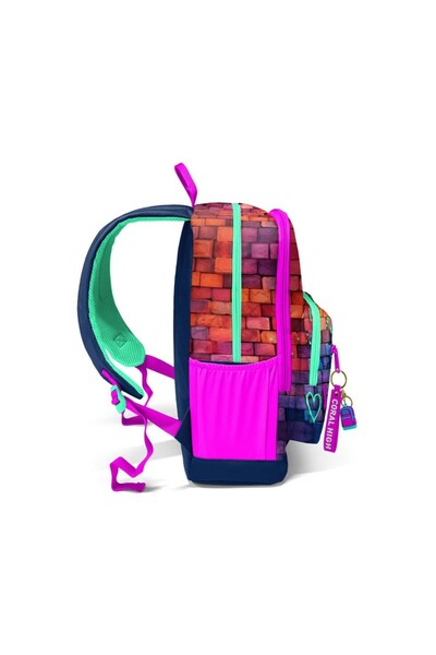 Coral High Pink Navy Blue Graffiti Written Four Compartment School Backpack 23629