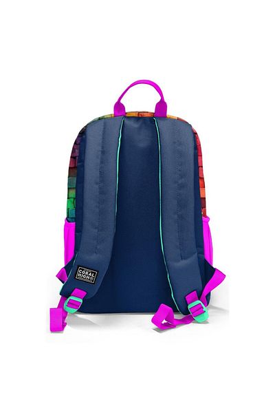Coral High Pink Navy Blue Graffiti Written Four Compartment School Backpack 23629