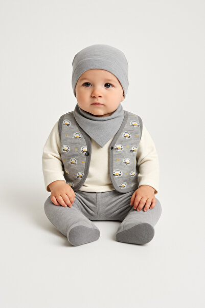 BabyBlue Car Embroidered 5-Piece Baby Boy Suit with Vest, Scarf and Hat Hospital Release 100% Cotton