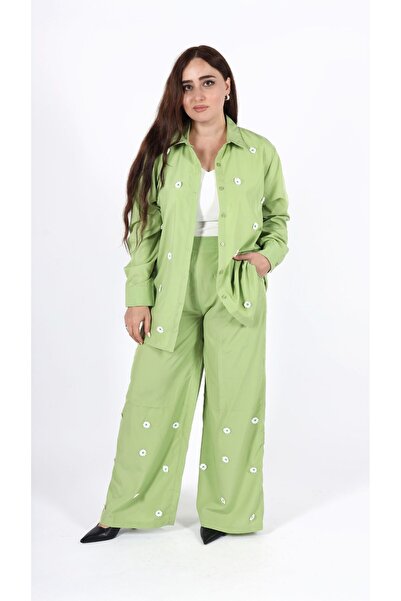 LINELLE طقم بنطلون نسائي منسق - قميص وبنطلون بأكمام طويلة وتطريز زهري متناثر.