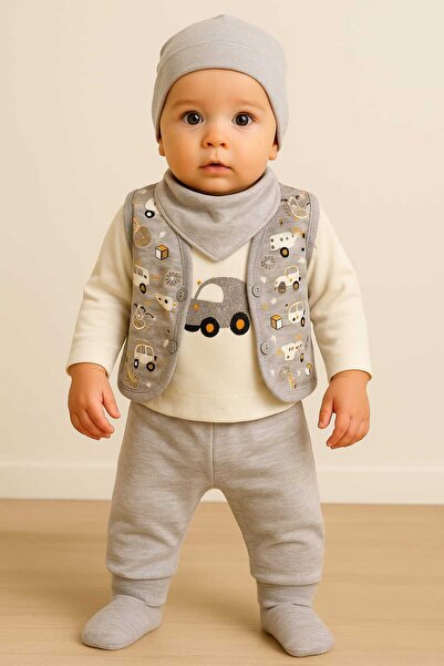 BabyBlue Car Embroidered 5-Piece Baby Boy Suit with Vest, Scarf and Hat Hospital Release 100% Cotton