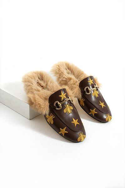 diclepolat Women's Brown Embroidery Detailed Fur Flat Sole Slippers with Bee and Star Pattern