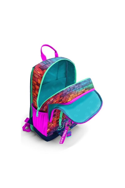 Coral High Pink Navy Blue Graffiti Written Four Compartment School Backpack 23629