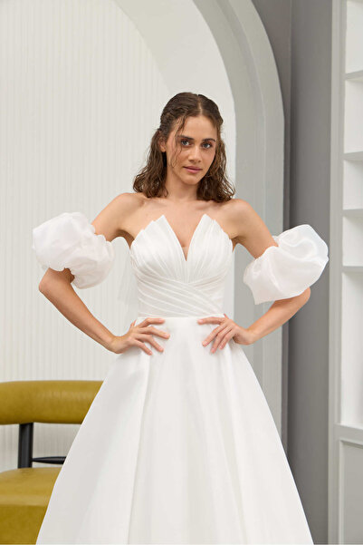 Lenta Moda Lenta Wedding Beyaz Kol Detaylı Drapeli Maxi Boy Helen Gelinlik