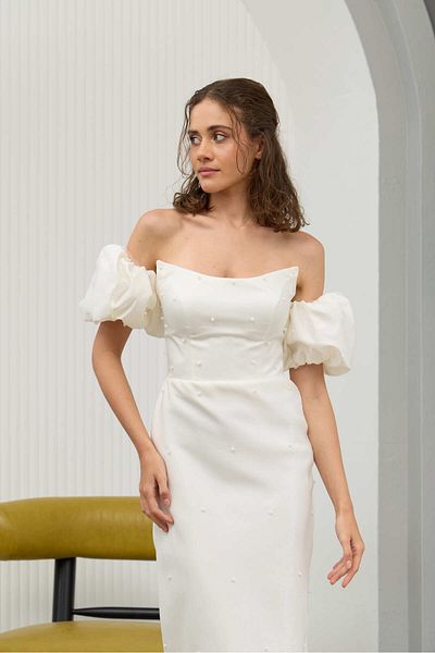 Lenta Wedding Rochie de logodnă și de seară cu perle albe din satin deschis