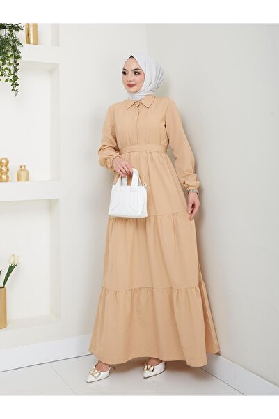 exxitcollection Γυναικείο Hijab Beige Stone με κουμπιά μπροστά με ζώνη μακρύ κομψό μοντέρνο φόρεμα από τερικότο