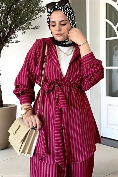 Aselim Hijap Moda Ριγέ Ζώνη Βαμβακερό Πουκάμισο Σετ Claret Red