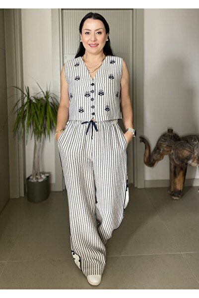 Butik Cotton Linen Embroidery Embroidered Soft Texture Vest Pants Set