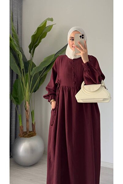 Molly Nelly Kadın Uzun Yazlık Bordo Muslin Düğmeli Tesettür Elbise