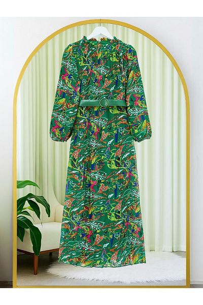 Modamorfo Pleated Front Belted Chiffon Dress