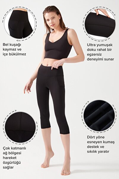 Los Ojos Schwarze Damen-Capri-Leggings mit hoher Taille und doppelter Tasche unterhalb des Knies