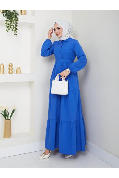 exxitcollection Γυναικείο Hijab Μπλε Μακρύ Κομψό Μοντέρνο Φόρεμα Τερικότον με Κουμπιά Μπροστά και Ζώνη