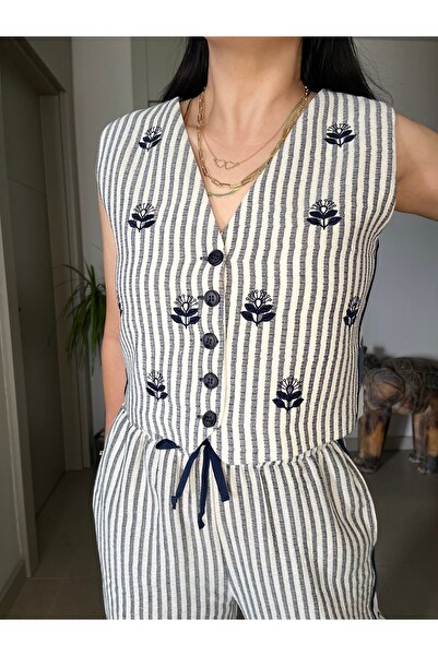 Butik Cotton Linen Embroidery Embroidered Soft Texture Vest Pants Set