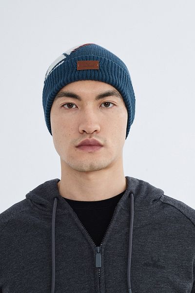 Nordbron Men's Ocean Blue Soft Print Beret Color Block Stretchy Fold Logo Knitwear Pegas