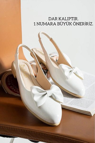 ALTUNTAŞ Women's Ballerina White Patent Leather Faux Leather Bow Ballerina Comfortable Lightweight Ballerina Daily Ballerina